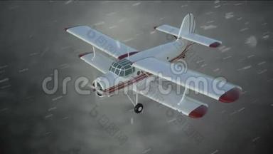 安东诺夫An-2双飞机在恶劣天气下飞行。 旧白色复古飞机。 真实物理动画、真实反射和运动